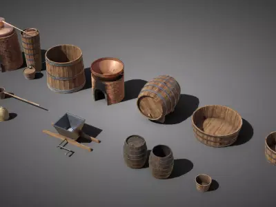 Medieval brewery props Low-poly 3D model