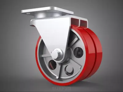HEAVY DUTY SWIVEL CASTER DUAL RED POLYURETHANE WHEEL TIRE ROLLER 3D model