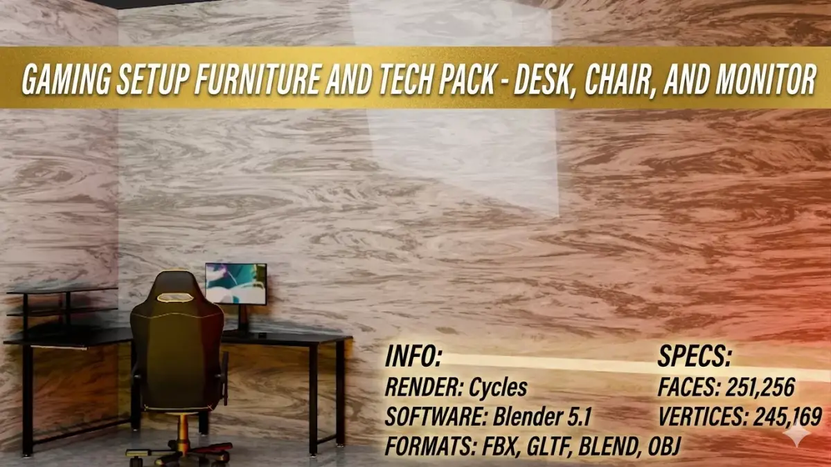Gaming Setup Furniture and Tech Pack   Desk  Chair and Monitor Low-poly 3D model