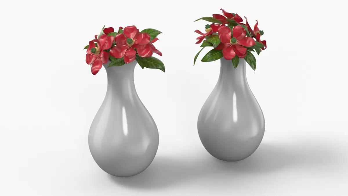White Ceramic Vase with Red Magnolia Flowers 3D model