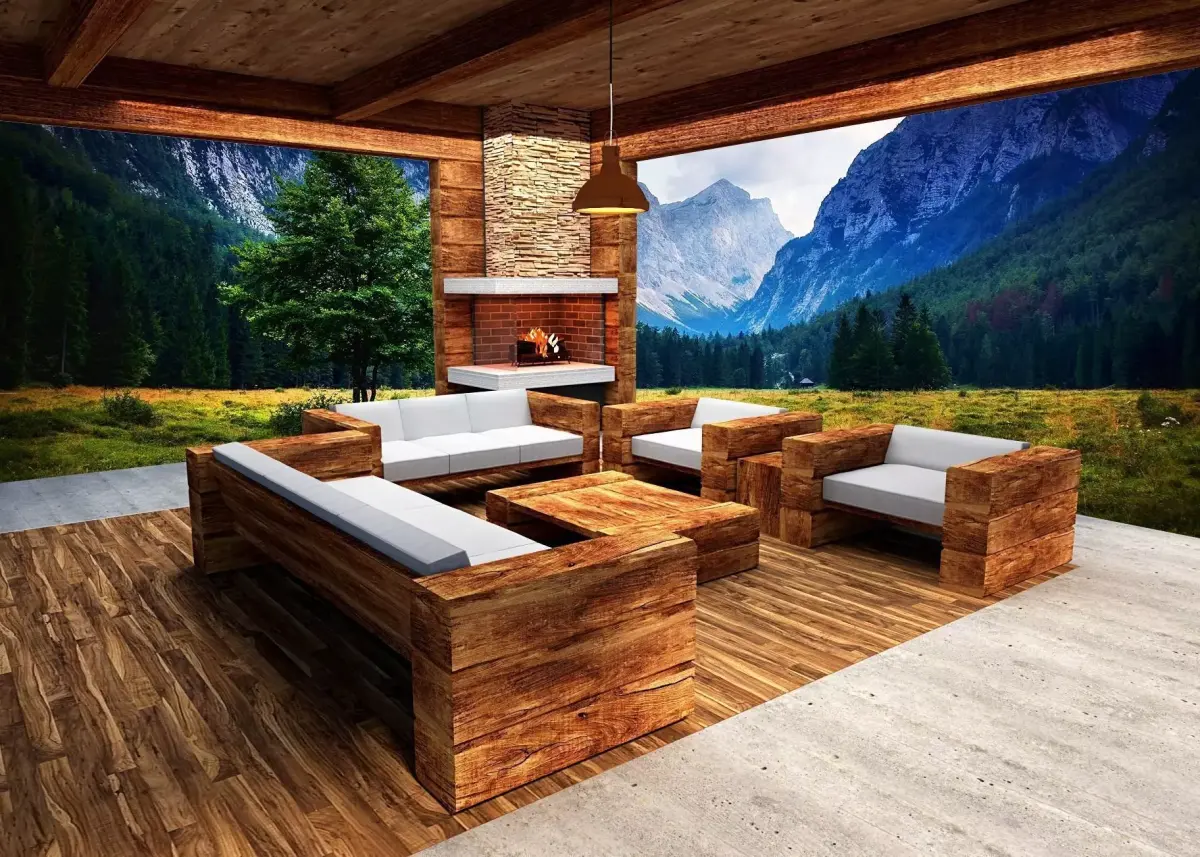wooden- lodge- furniture -sofa-pavilion Low-poly 3D model