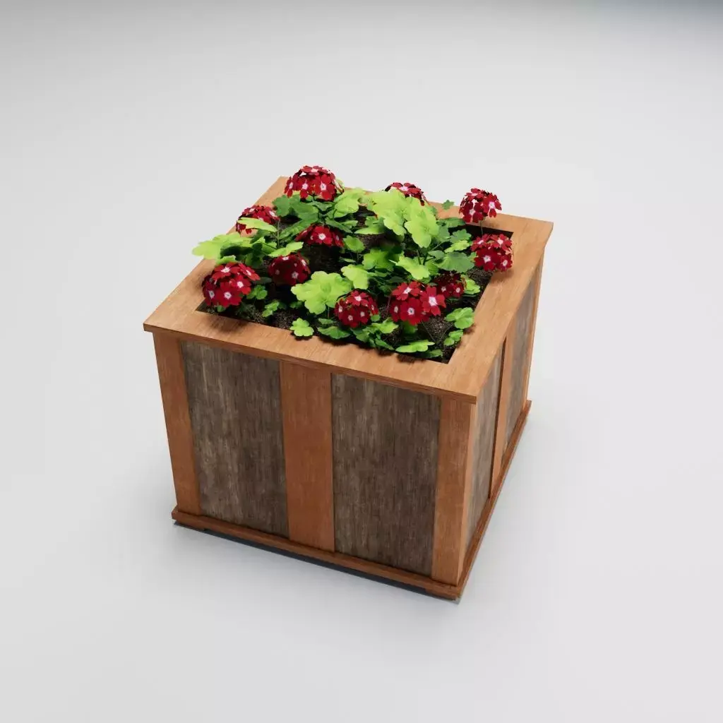 Low-Poly Wood Flower Planter with Geraniums 3D Model Low-poly 3D model