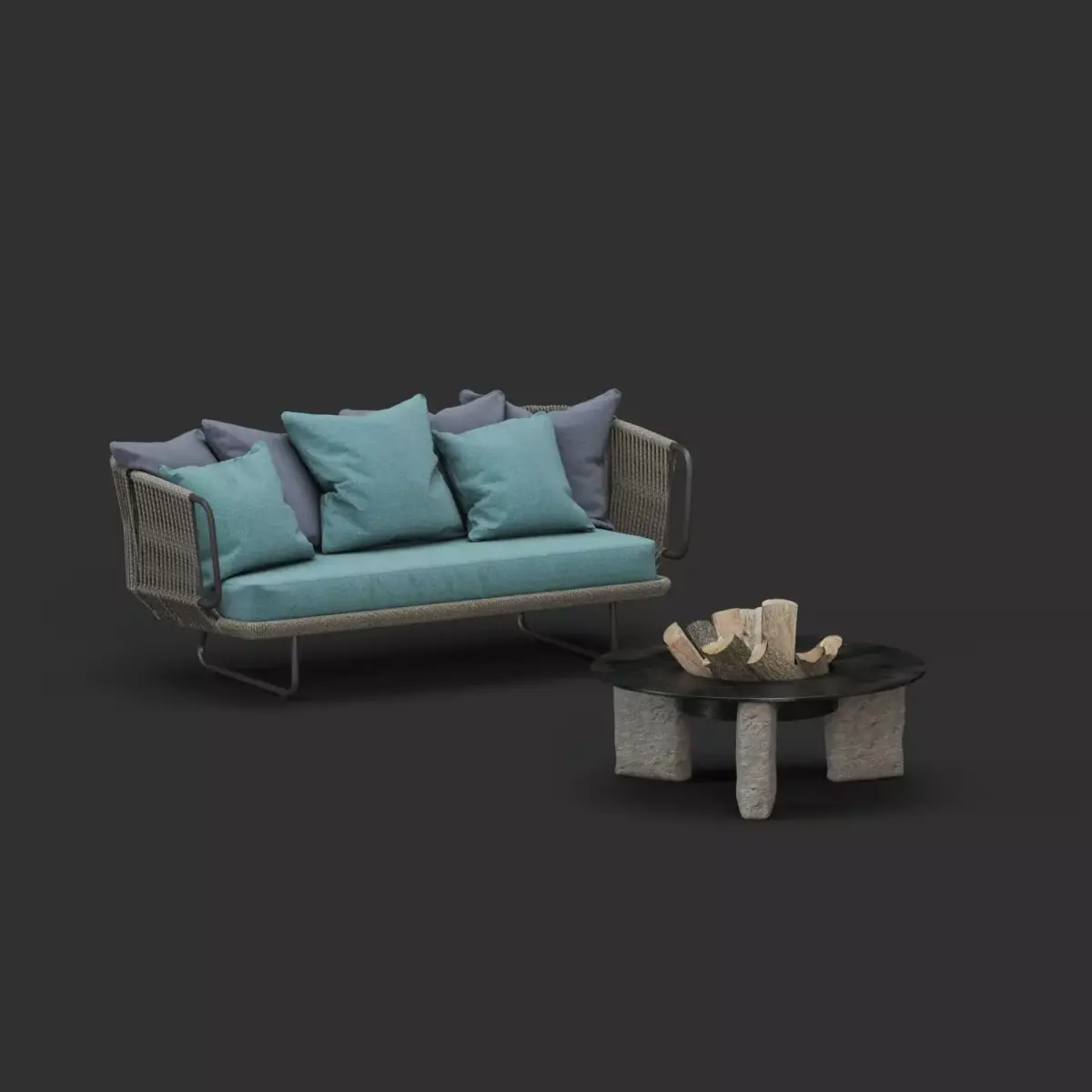 Rattan sofa and table 3D model