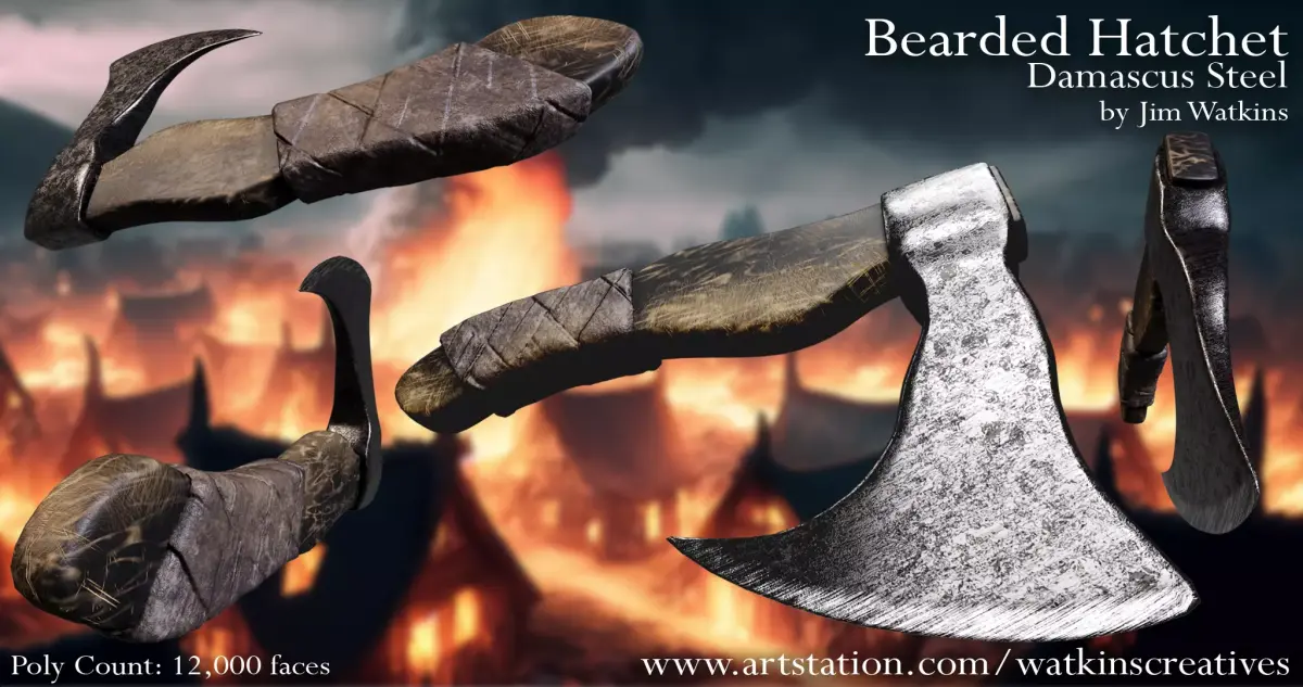 Bearded Hatchet - Damascus Steel Free low-poly 3D model