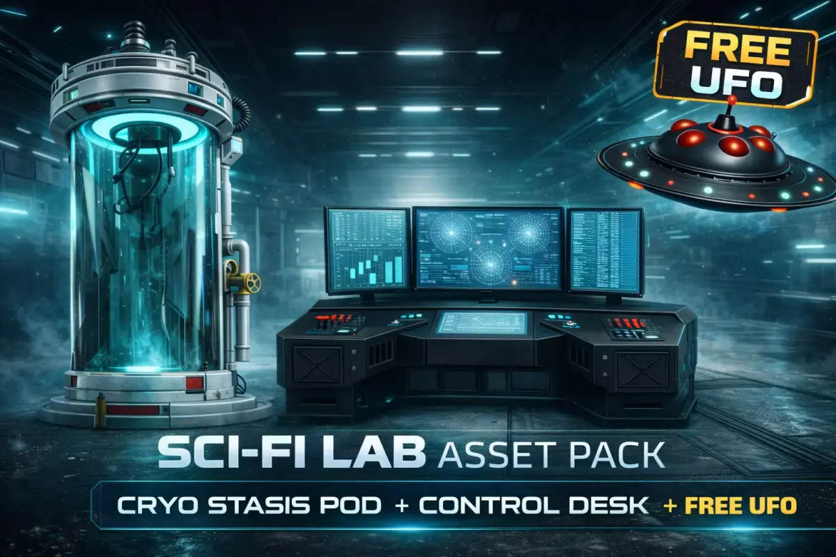 SciFi Lab Asset Pack Cryo Pod and Control Desk plus FREE UFO  3D model