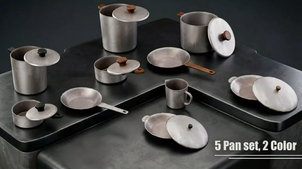Old-Style Metal Cookware Set Pots Pans Mugs 5 Set 2 Handle Types Low-poly 3D model