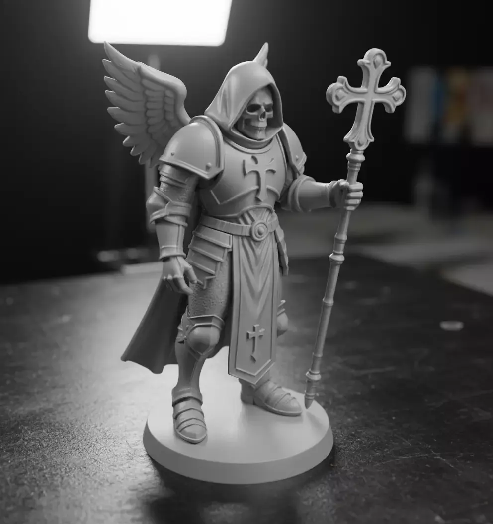 Skull-Faced Warrior Figurine With Crozius Staff 3D Print Model 3D print model