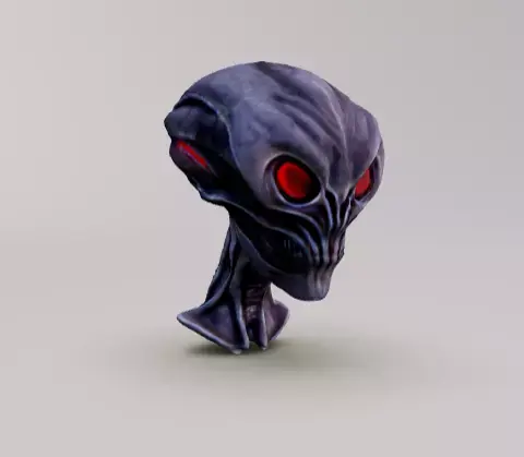Alien metal skeleton head with red clowing eyes 3D model