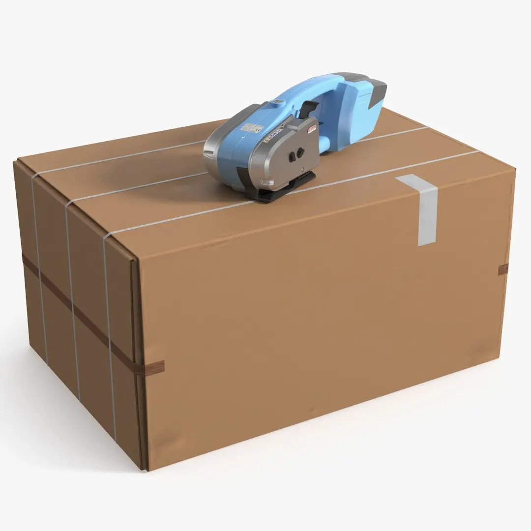 Cordless Welding Strap Tool on Cardboard Box 3D model