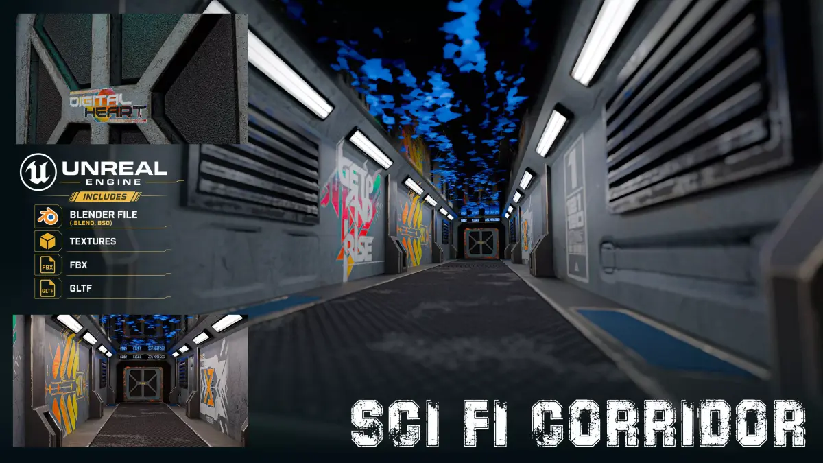 Sci-Fi Corridor Futuristic Hallway Unreal And Blender Low-poly 3D model