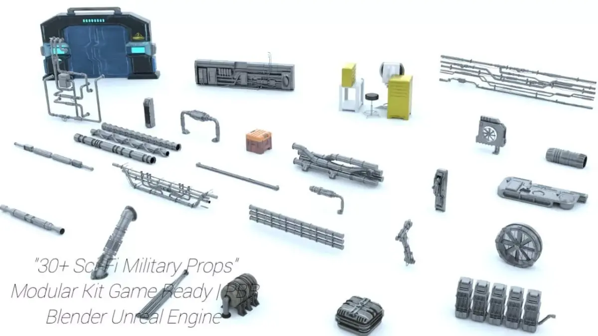 30 Sci Fi Military Props Modular Kit Game-Ready PBR Low-poly 3D model
