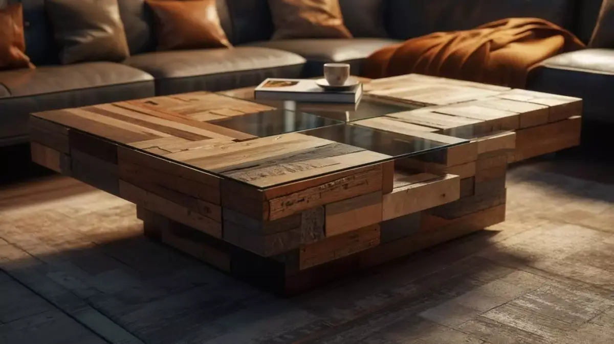 coffee table made from recycled wood and tempered glass 3D model Low-poly 3D model