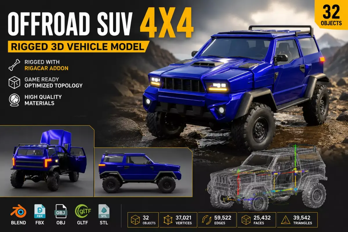 Rigged Offroad SUV 4x4 Vehicle Game Ready Low-poly 3D model