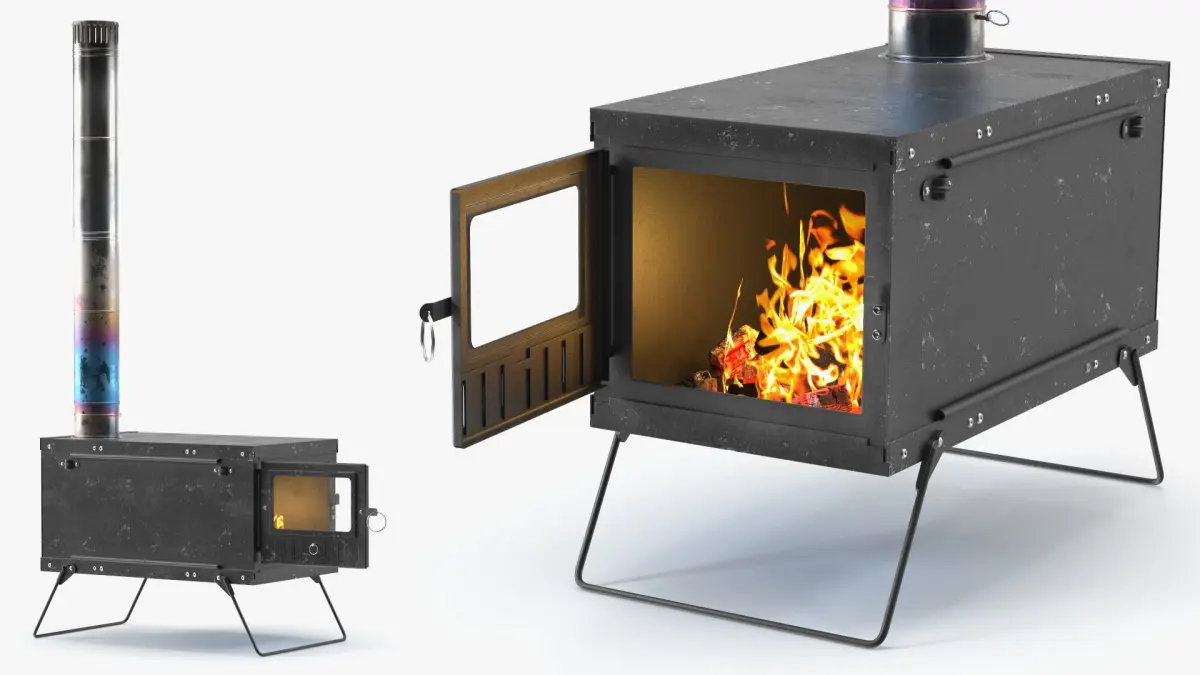 Portable Camping Stove with Live Fire and Tall Pipe Black 3D model