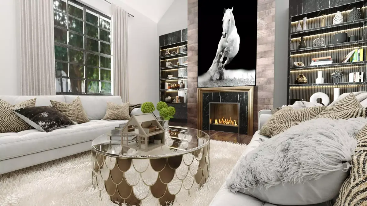 Design 3 living room with furniture and fireplace Free 3D model