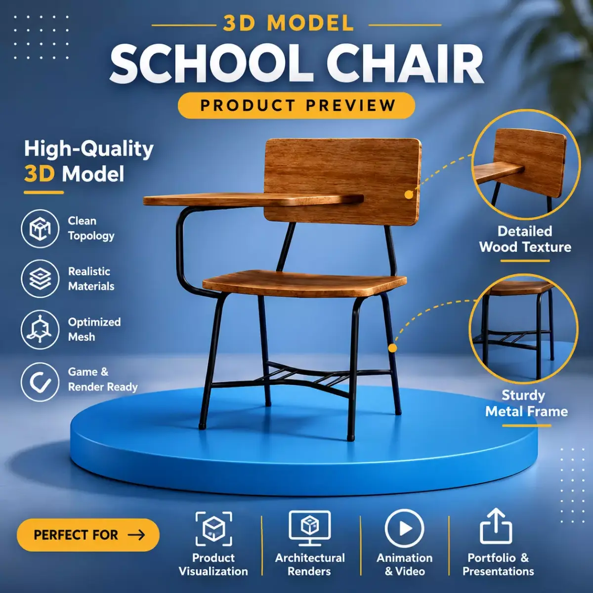 School Chair 3D Model Realistic Classroom Furniture Game Ready Free 3D model