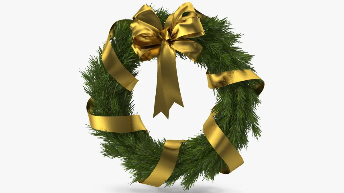 Christmas Wreath with Gold Bow and Ribbon 3D model