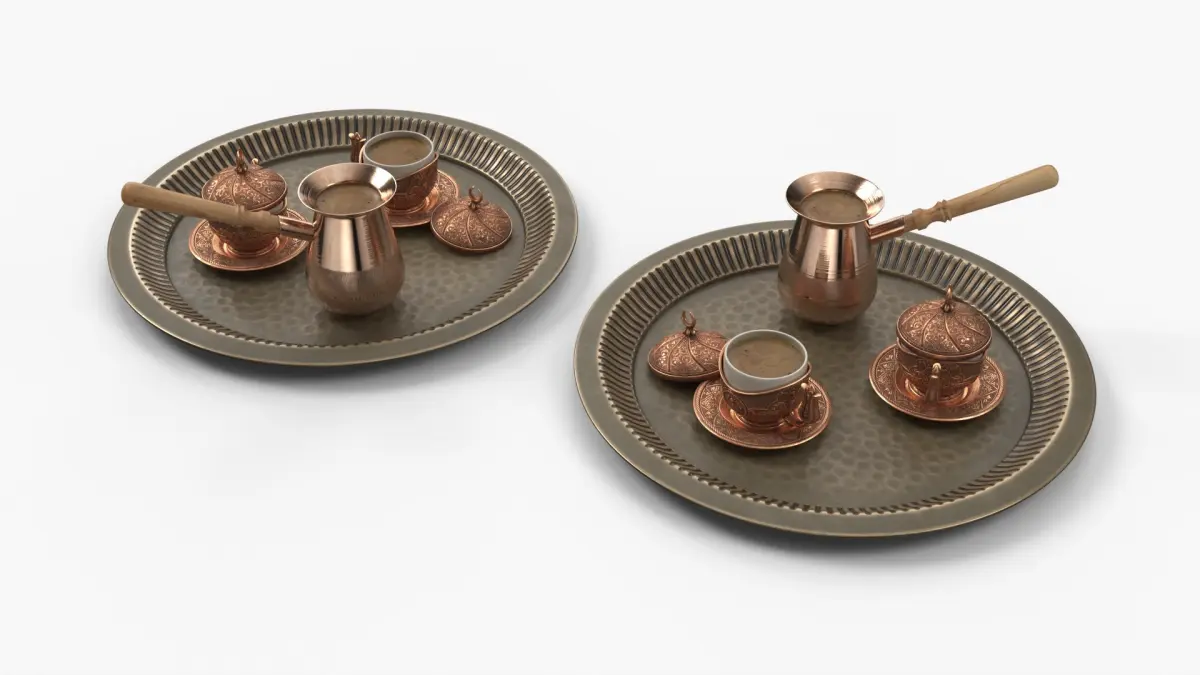 Turkish Embossed Coffee Cups and Cezve on Serving Tray 3D model