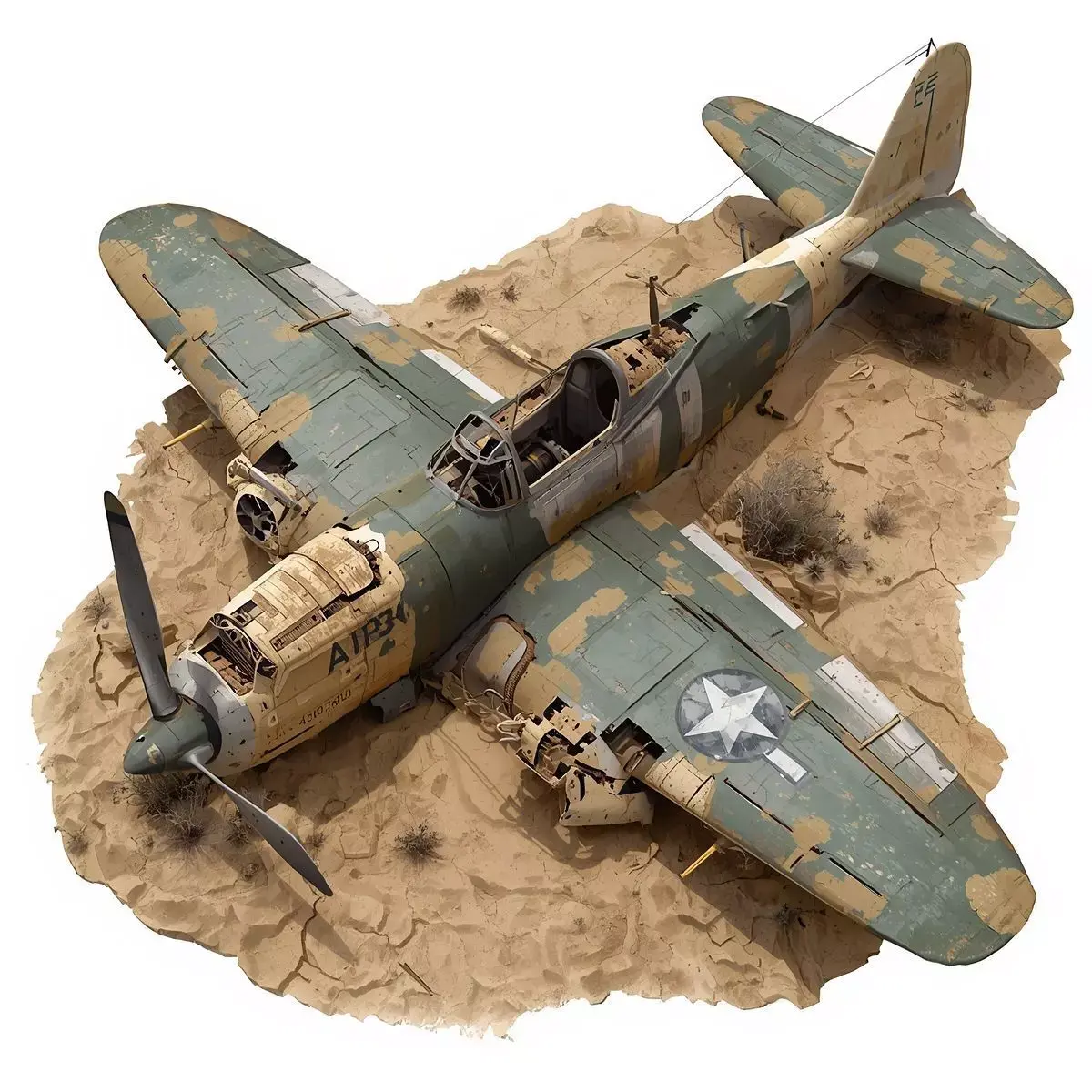 Top-Down Crashed WWII Fighter Plane 3D Model Low-poly 3D model