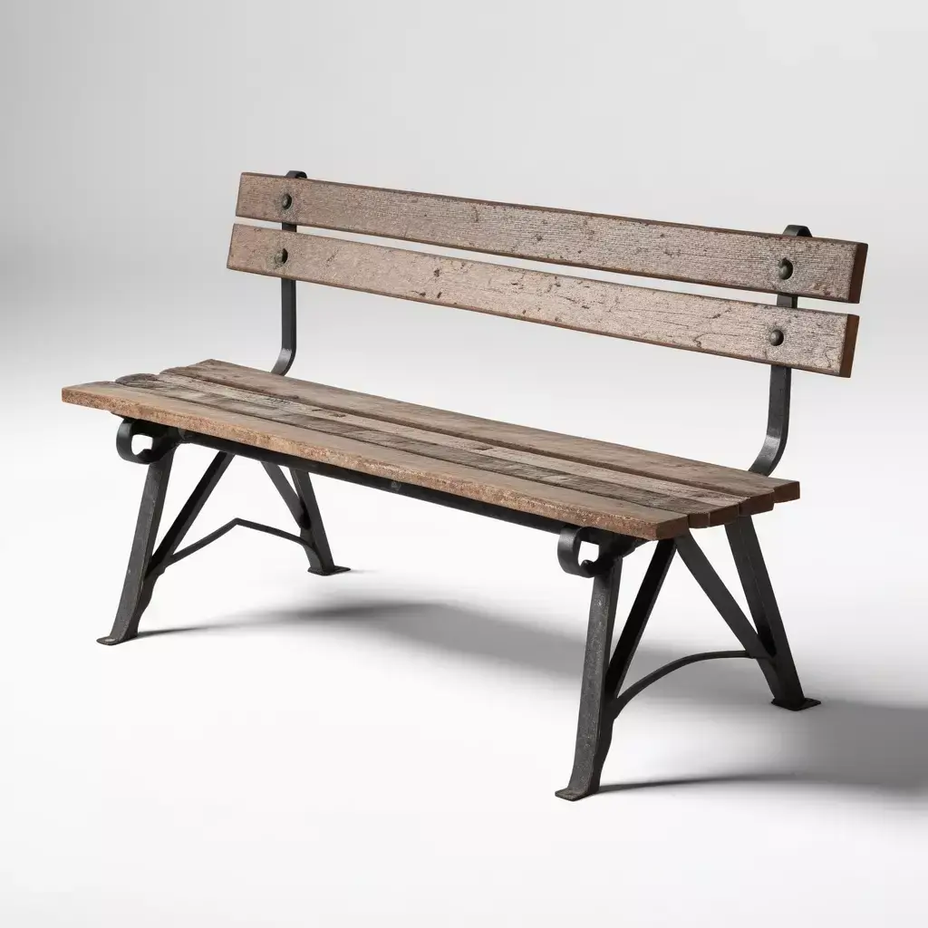 Weathered Wooden Bench with Iron Legs 3D model