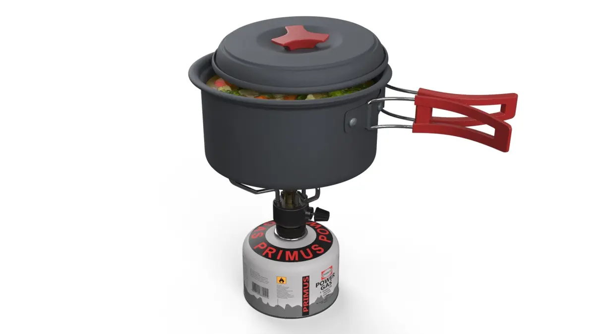 Hiking Soup Pot Red Handle Gas Stove Setup 3D model
