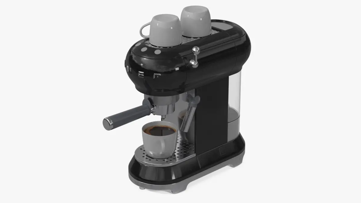 Smeg Espresso Coffee Machine Black with Coffee and Two Cups 3D model