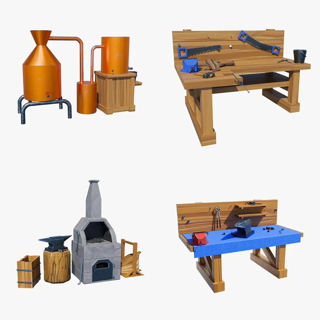 Stylized Workshop Pack – Forge, 2x Workbenches &amp;amp; Alchemy Table 3D model