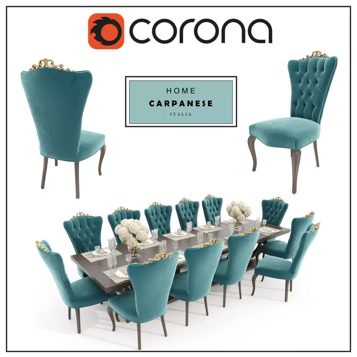 Dining set teal velvet chair Free 3D model