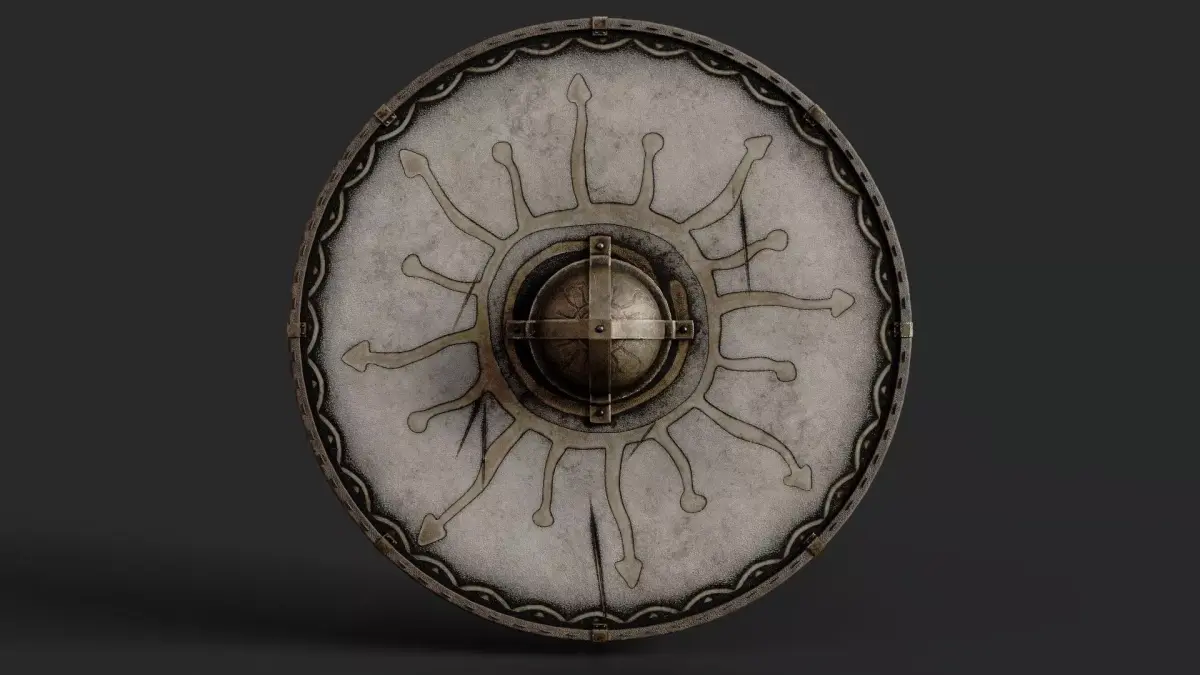 Slavic round leather shield-painted white with Sun symbol Low-poly 3D model