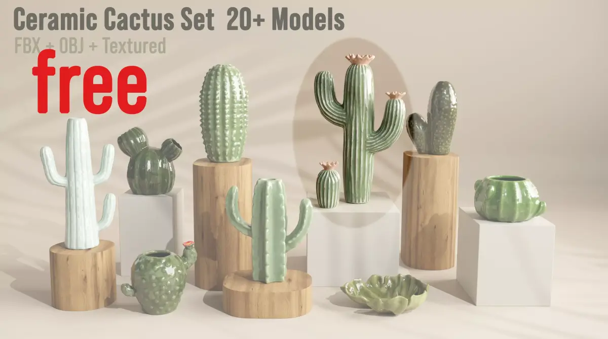 Free Ceramic Cactus Flower Decor  FBX   OBJ  Textured Free low-poly 3D model