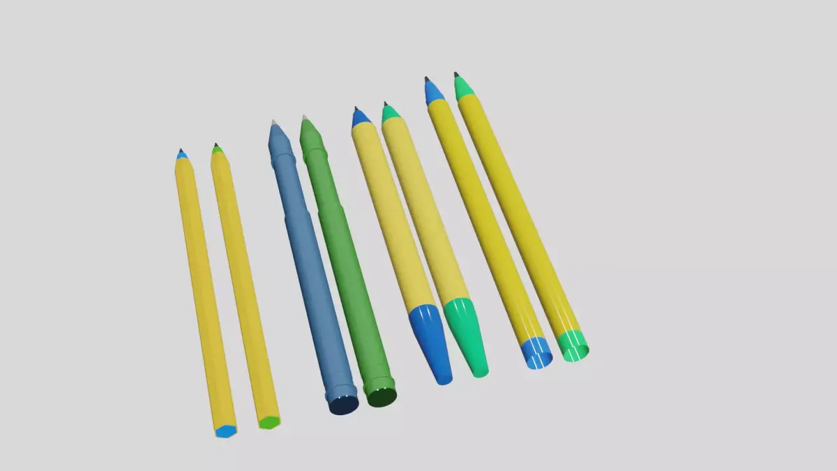 pack of blue and green pens Free low-poly 3D model
