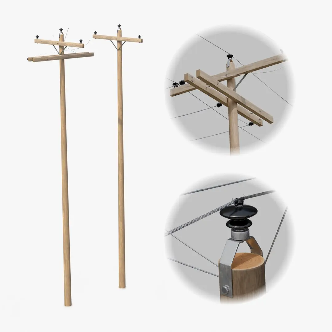 Utility Pole - Wooden Mast with Single Crossarms 3D model
