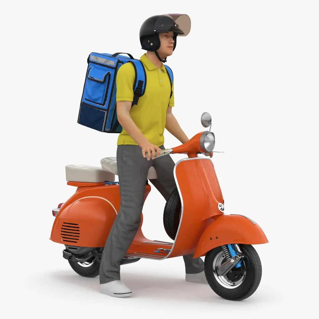Delivery Man on Retro Scooter Standing 3D model