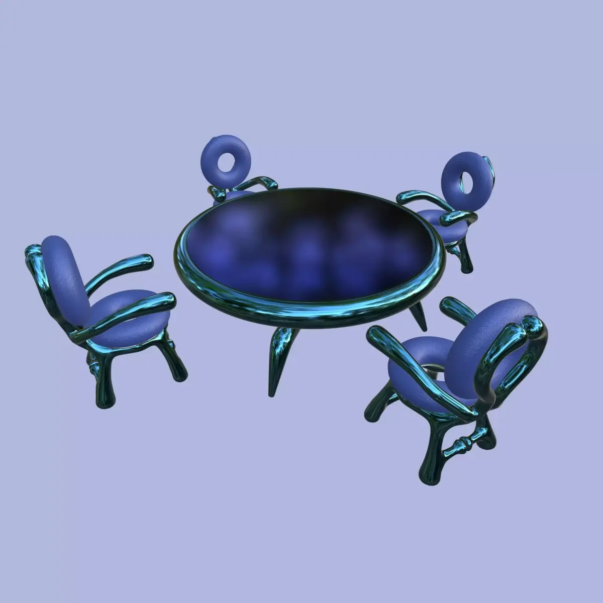 Futuristic Blue Dining Table Set with Unique Organic Chairs 3D model