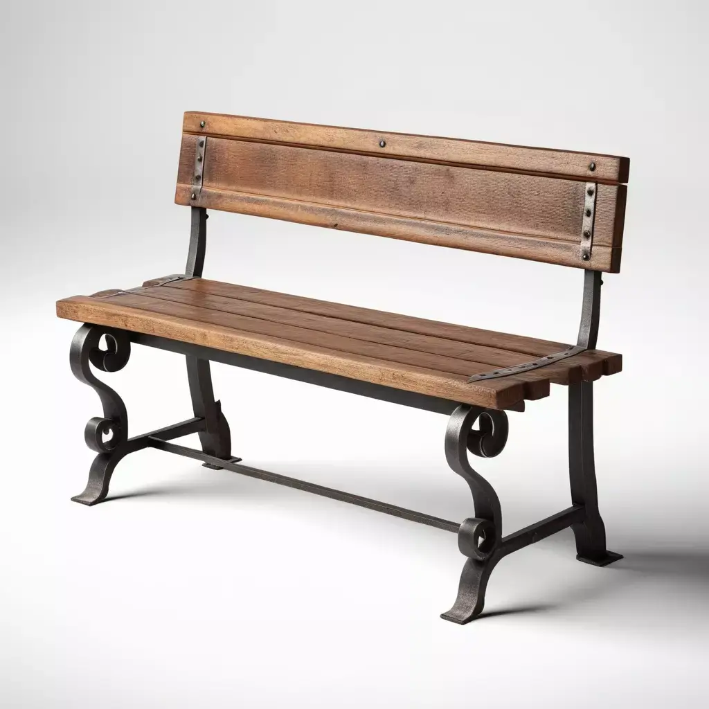 Worn Wooden Bench with Iron Legs 3D model