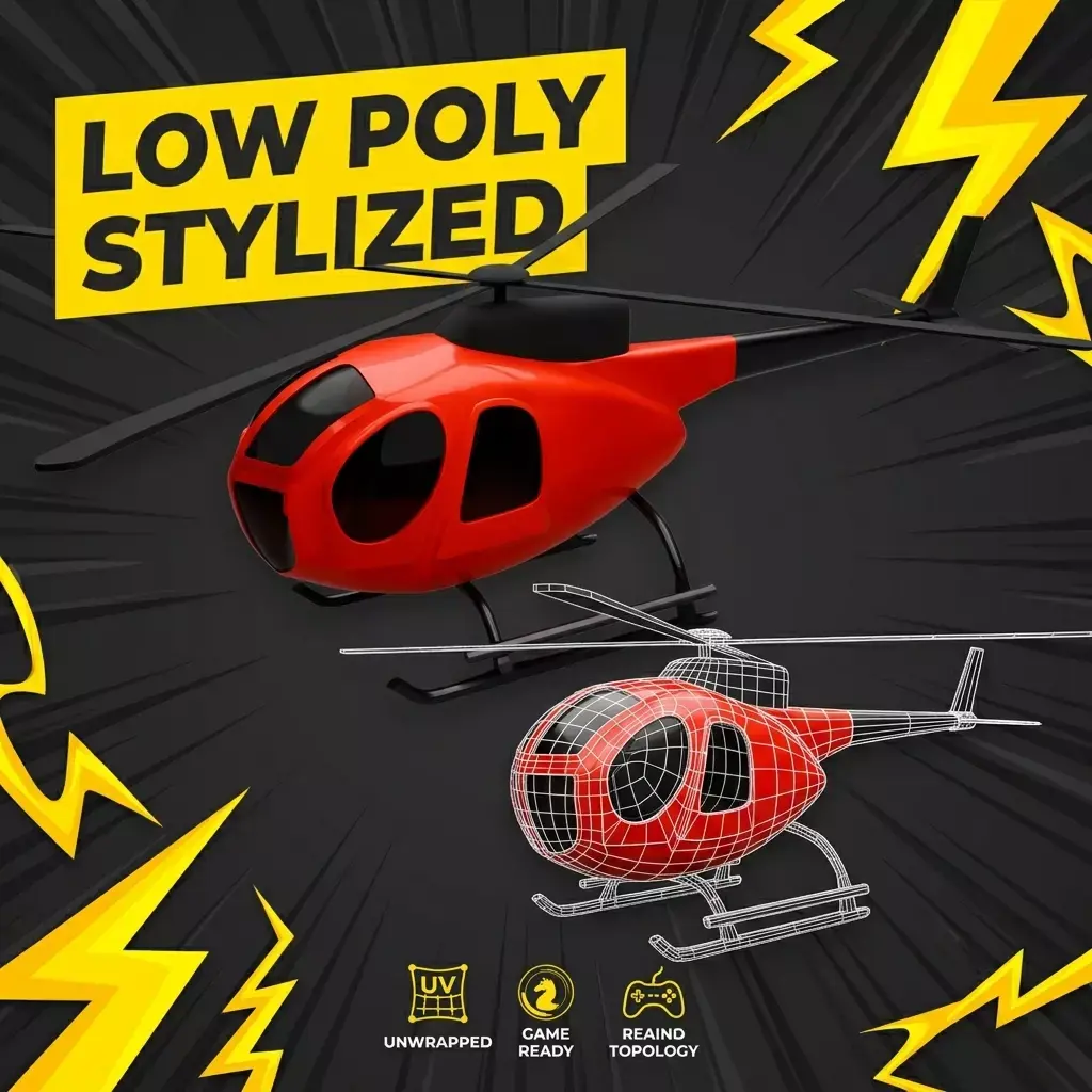 Low Poly Stylized Helicopter Game Ready Flying Vehicle FBX OBJ Low-poly 3D model