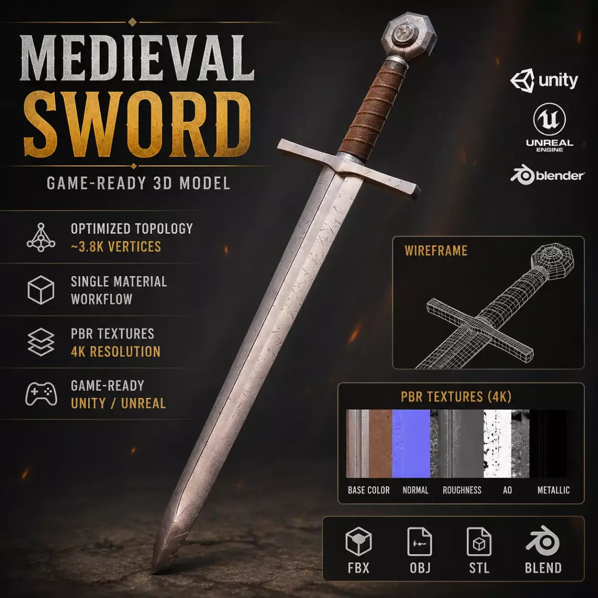 Medieval Sword 3D Model Low-poly 3D model get