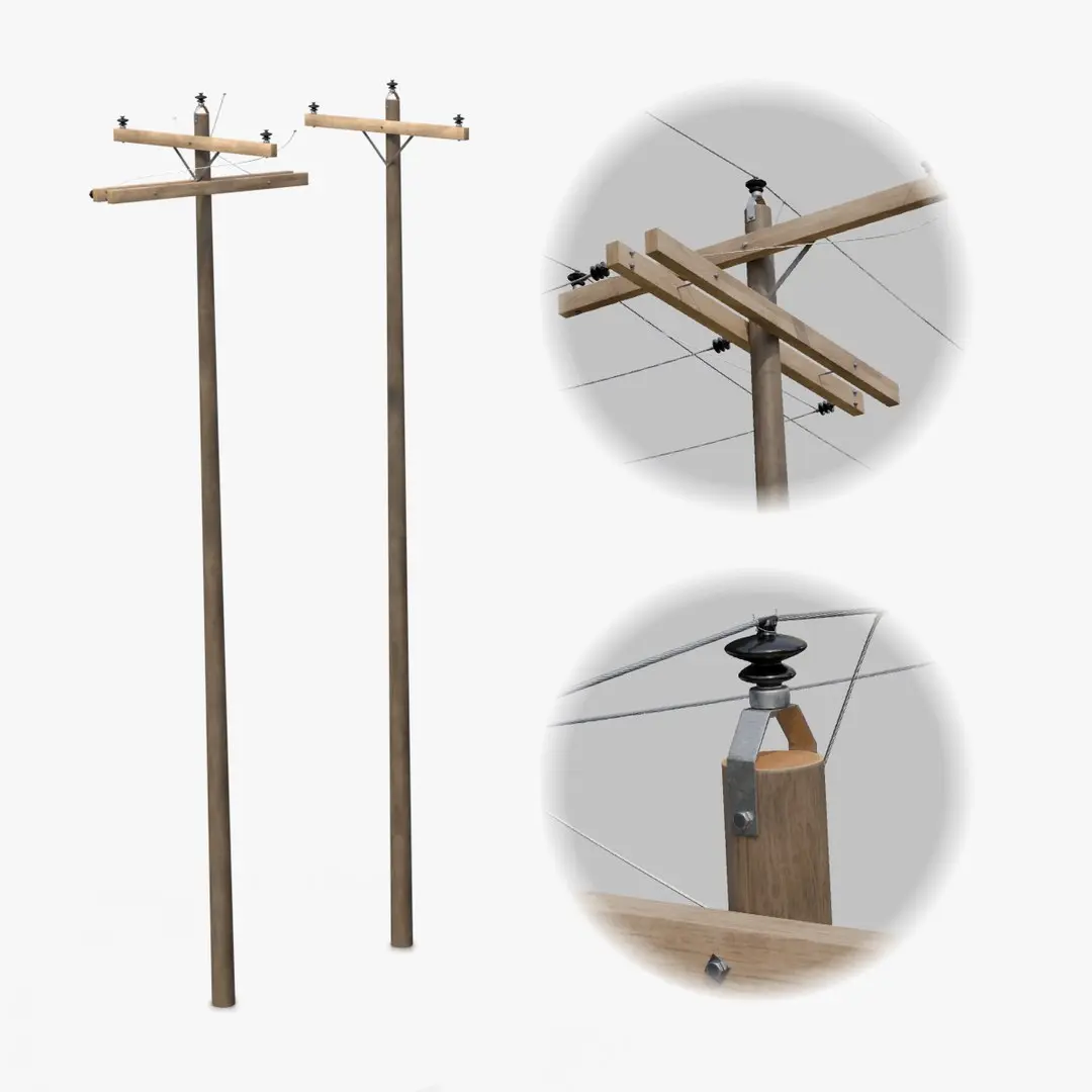 Utility Pole - Dark Wooden Mast with Single Crossarms 3D model