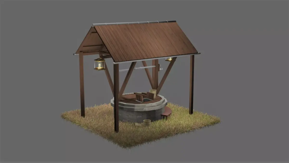 Well with Bucket and Lantern Low-poly 3D model