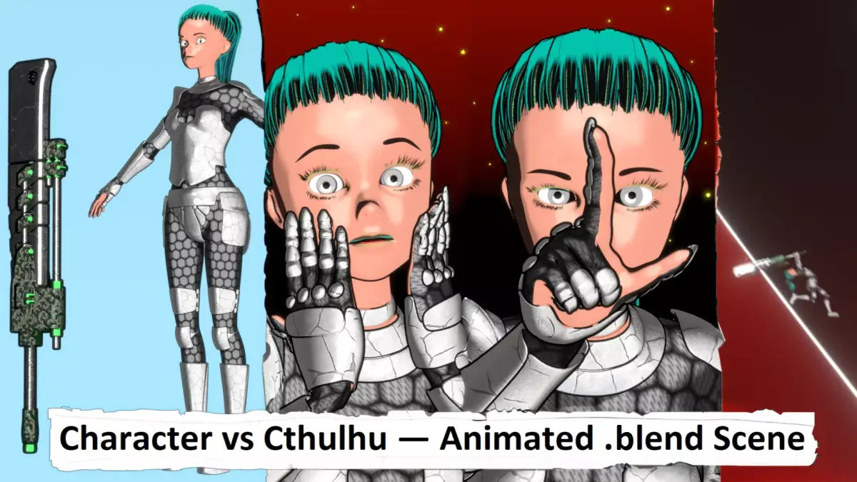 Character vs Cthulhu Animated blend Scene Low-poly 3D model