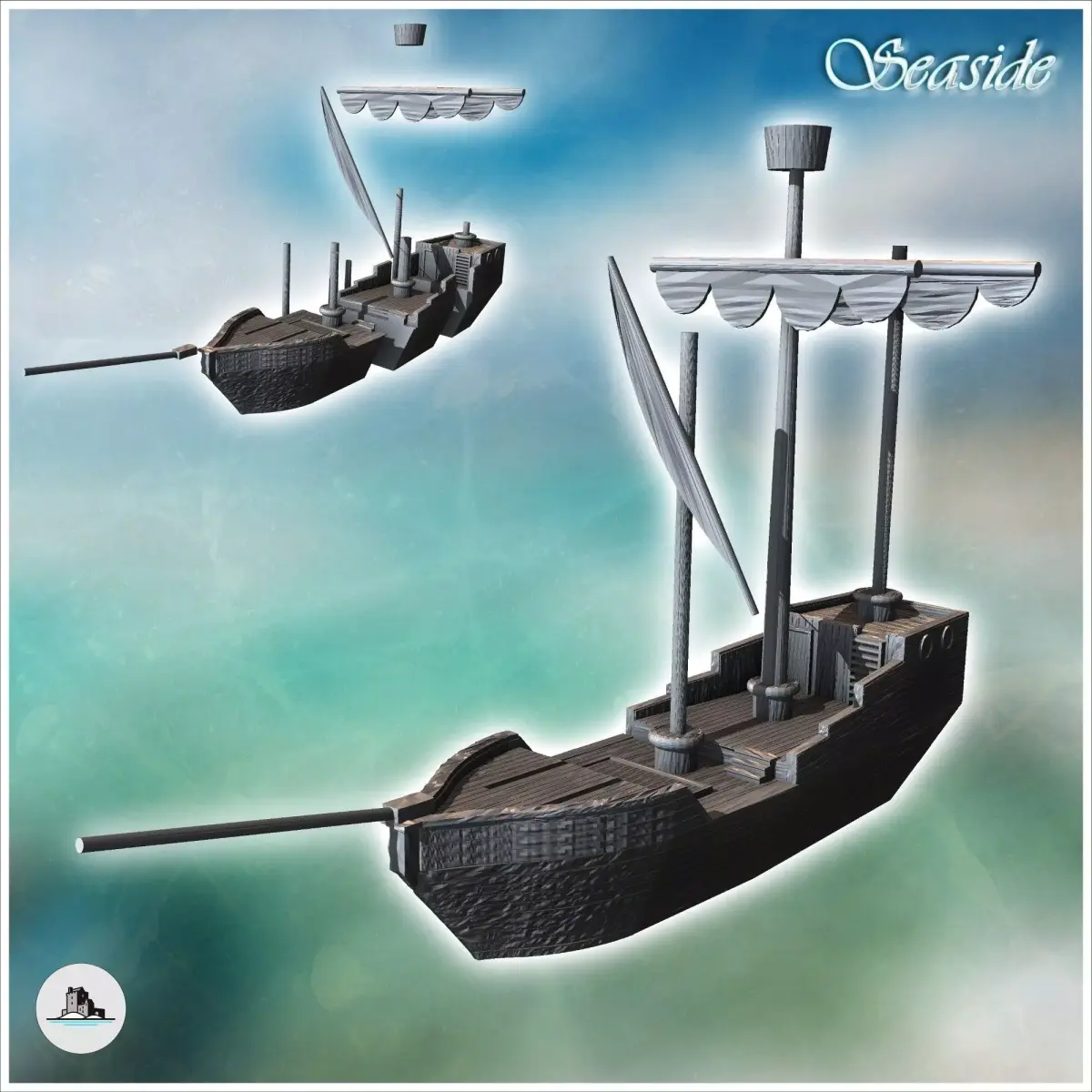 Medieval boat with folded sail and mast observation post 4 - Med 3D print model