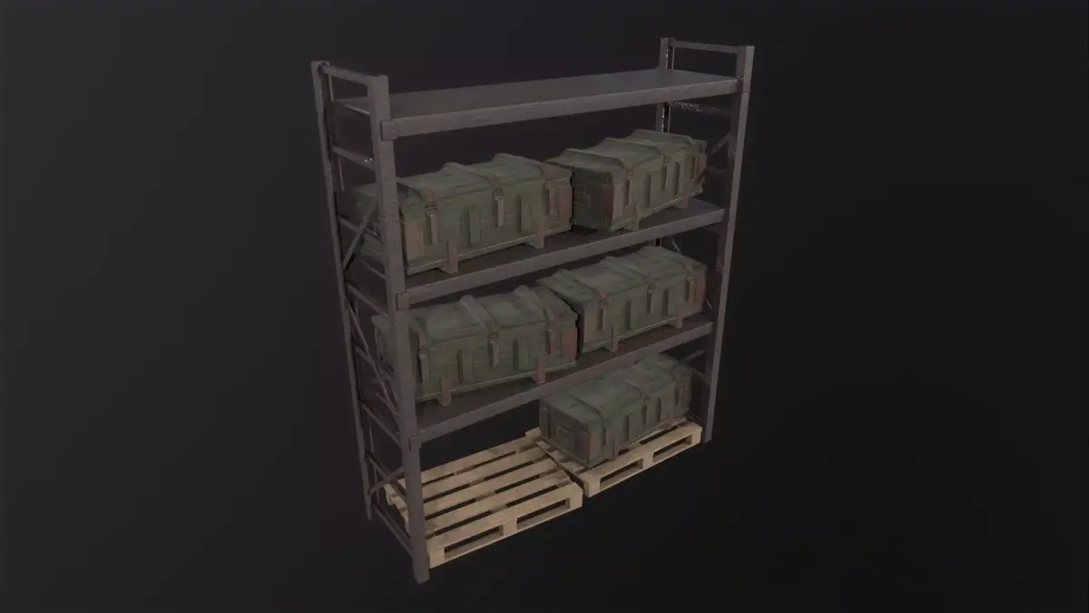 Iron shelf and military wooden box 3D Model Low-poly 3D model