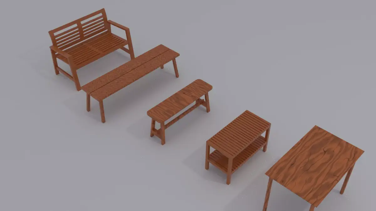 3d Furniture set of wooden benches Free low-poly 3D model