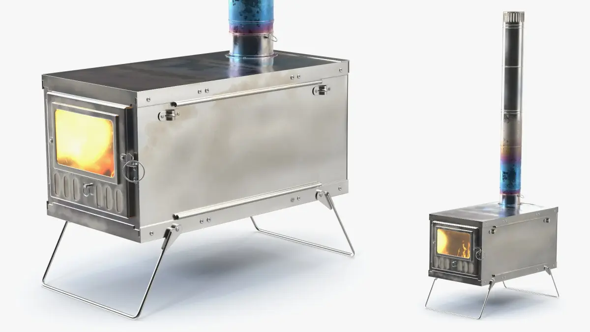 Stainless Steel Tent Stove with Visible Fire Inside 3D model