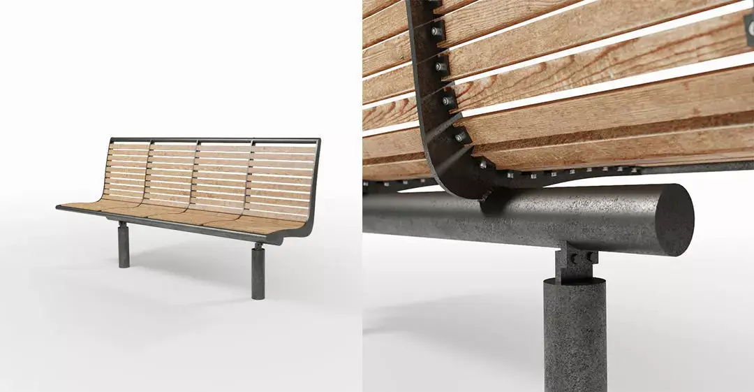 Wood and Steel Outdoor Benches Low-poly 3D model