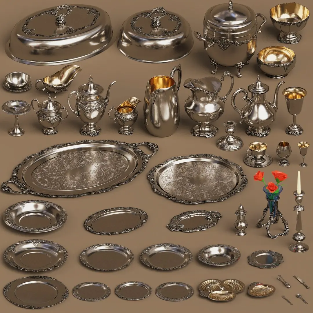 Lowpoly Silver holloware service set (44 items) 3D model