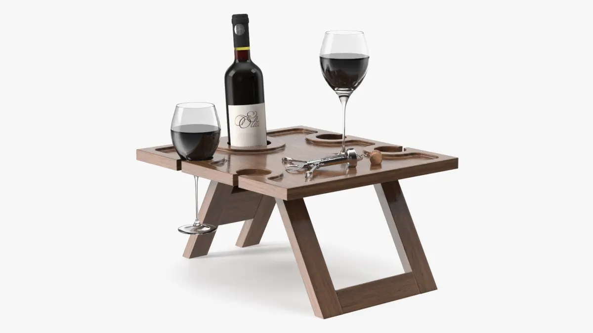 Rustic Wine Table with Corkscrew and Red Wine 3D model