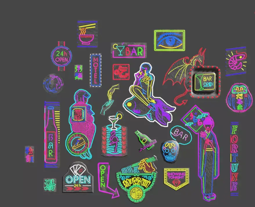 Cyberpunk Neon Board Set Low-poly 3D model