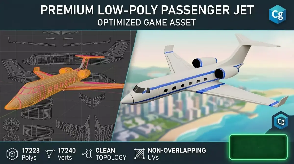 Low Poly Passengers Airplane Game Ready flying vehicle FBX OBJ Low-poly 3D model