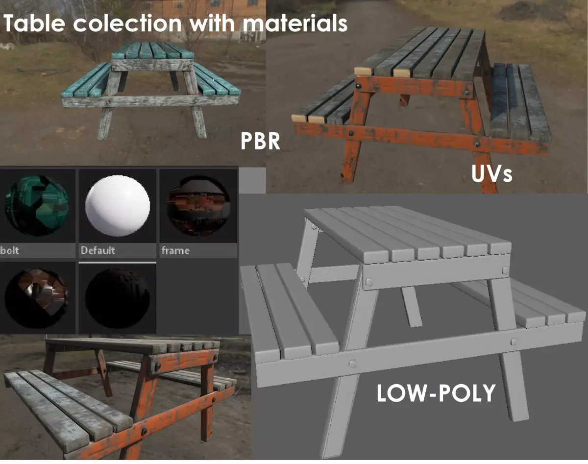 Old worn wooden cafeteria table Low-poly 3D model